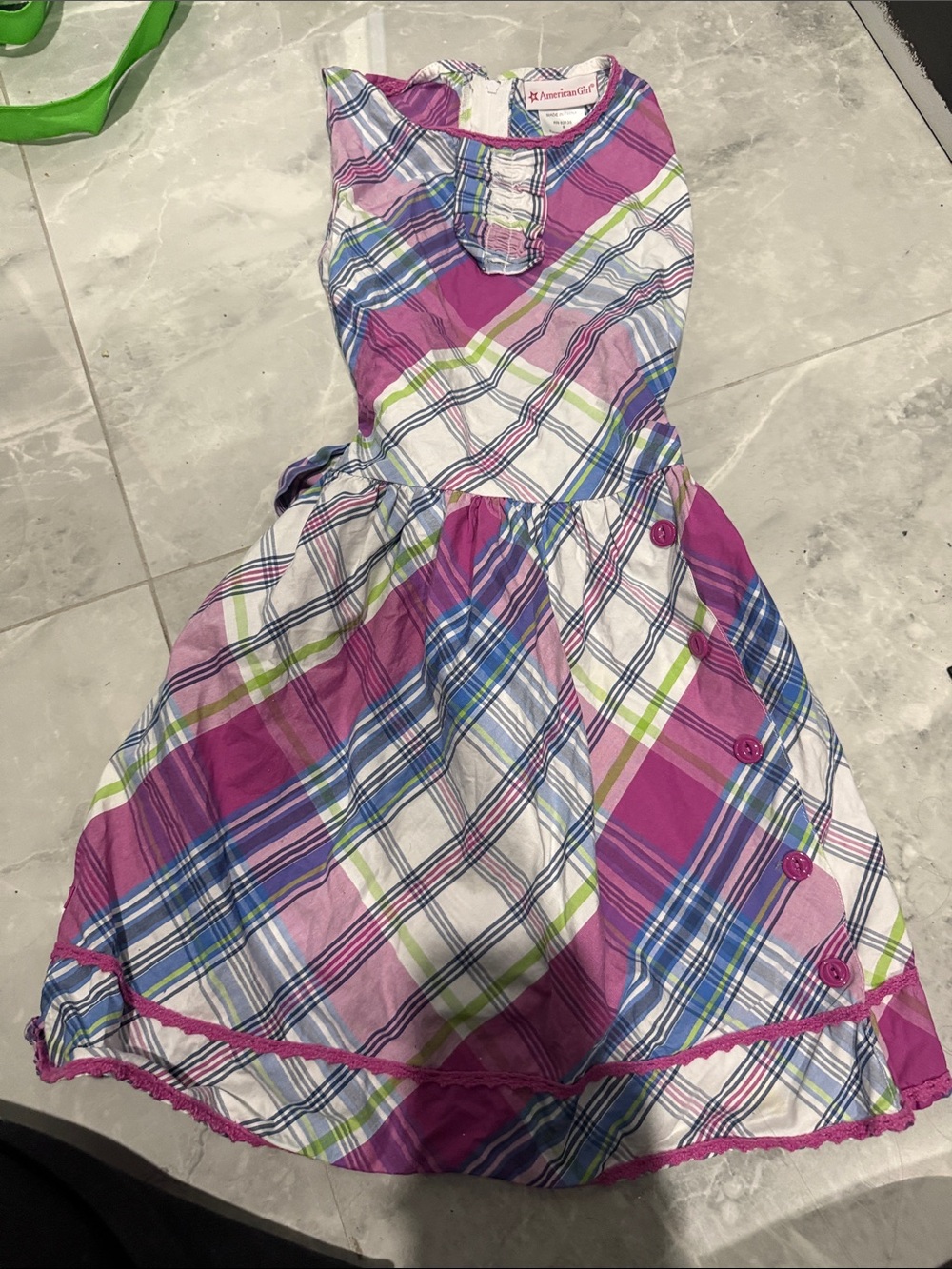 American Girl Pink Plaid Sleeveless Cotton Dress with Blue & Green Accents